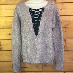 Express | Tan Fuzzy Sweater Slouchy Soft Lace-Up Detail M